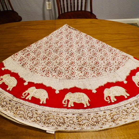 Vtg Kalamkari 60" Round Table Cloth Hand-Printed Red & White Elephants  India - Picture 2 of 6